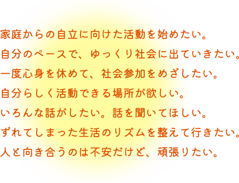 家庭からの自立に向けた活動を始めたい。自分のペースで、ゆっくり社会に出ていきたい。一度心身を休めて、社会参加をめざしたい。自分らしく活動できる場所が欲しい。いろんな話がしたい。話を聞いてほしい。ずれてしまった生活のリズムを整えて行きたい。人と向き合うのは不安だけど、頑張りたい。