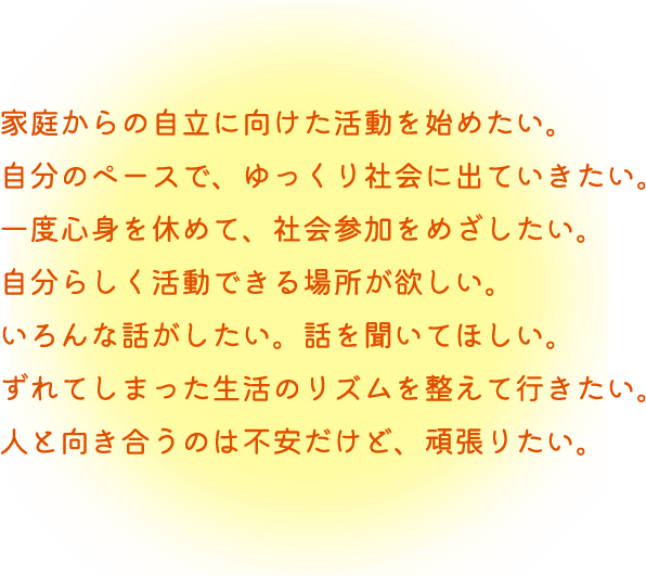 家庭からの自立に向けた活動を始めたい。自分のペースで、ゆっくり社会に出ていきたい。一度心身を休めて、社会参加をめざしたい。自分らしく活動できる場所が欲しい。いろんな話がしたい。話を聞いてほしい。ずれてしまった生活のリズムを整えて行きたい。人と向き合うのは不安だけど、頑張りたい。